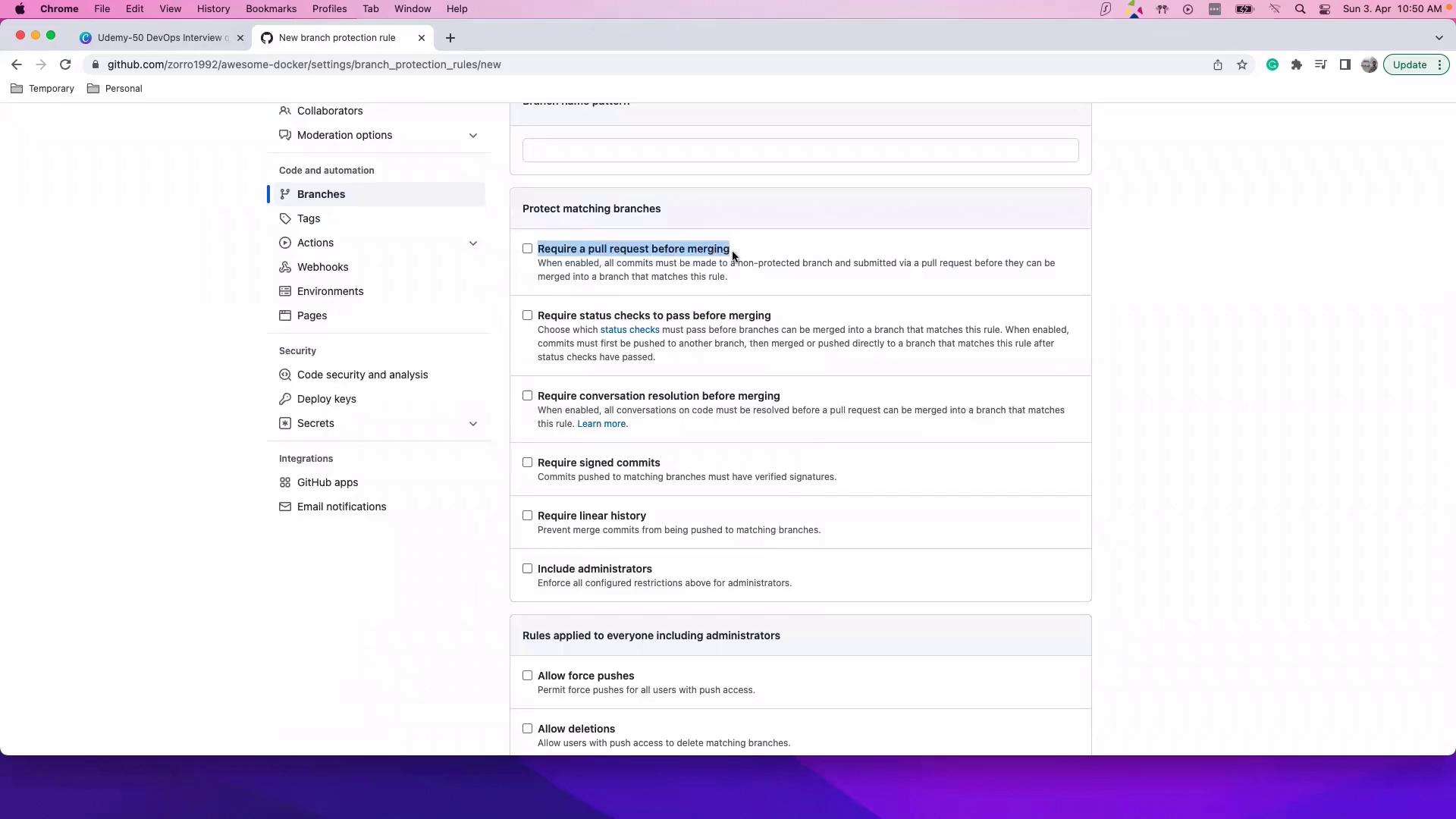 The image shows a GitHub settings page for configuring branch protection rules, with options like requiring pull requests before merging and requiring status checks to pass.