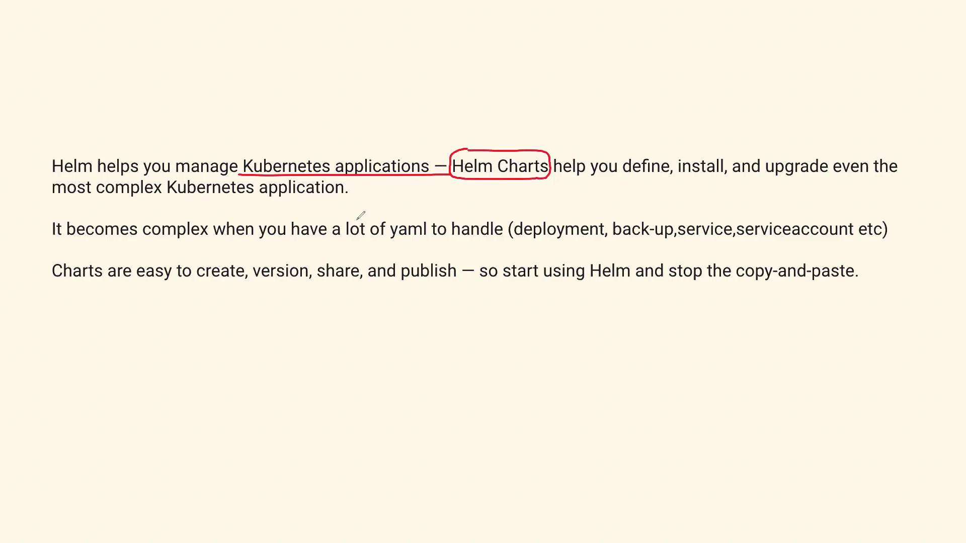 The image contains text explaining how Helm Charts assist in managing Kubernetes applications by simplifying the process of defining, installing, and upgrading them. It highlights the complexity of handling multiple YAML files and promotes using Helm to streamline tasks.