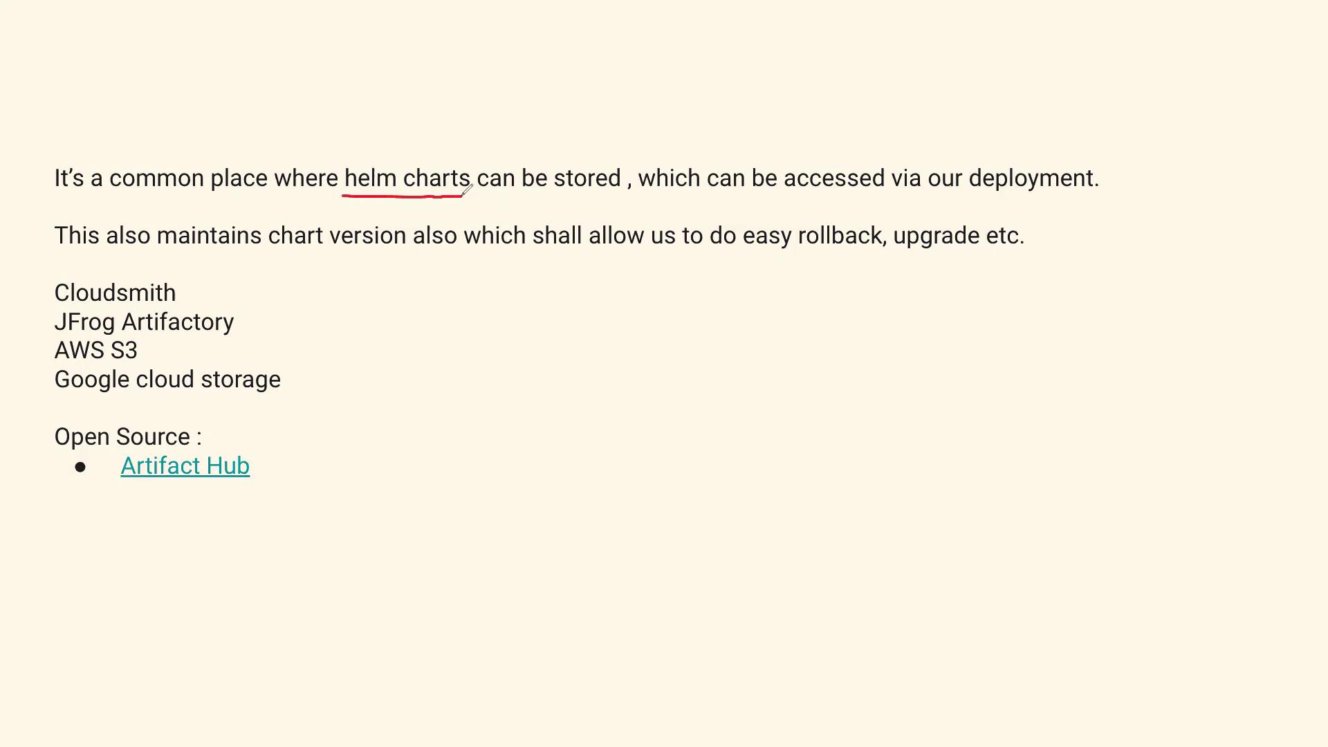 The image contains text about storing Helm charts, mentioning services like Cloudsmith, JFrog Artifactory, AWS S3, and Google Cloud Storage, with a link to Artifact Hub.