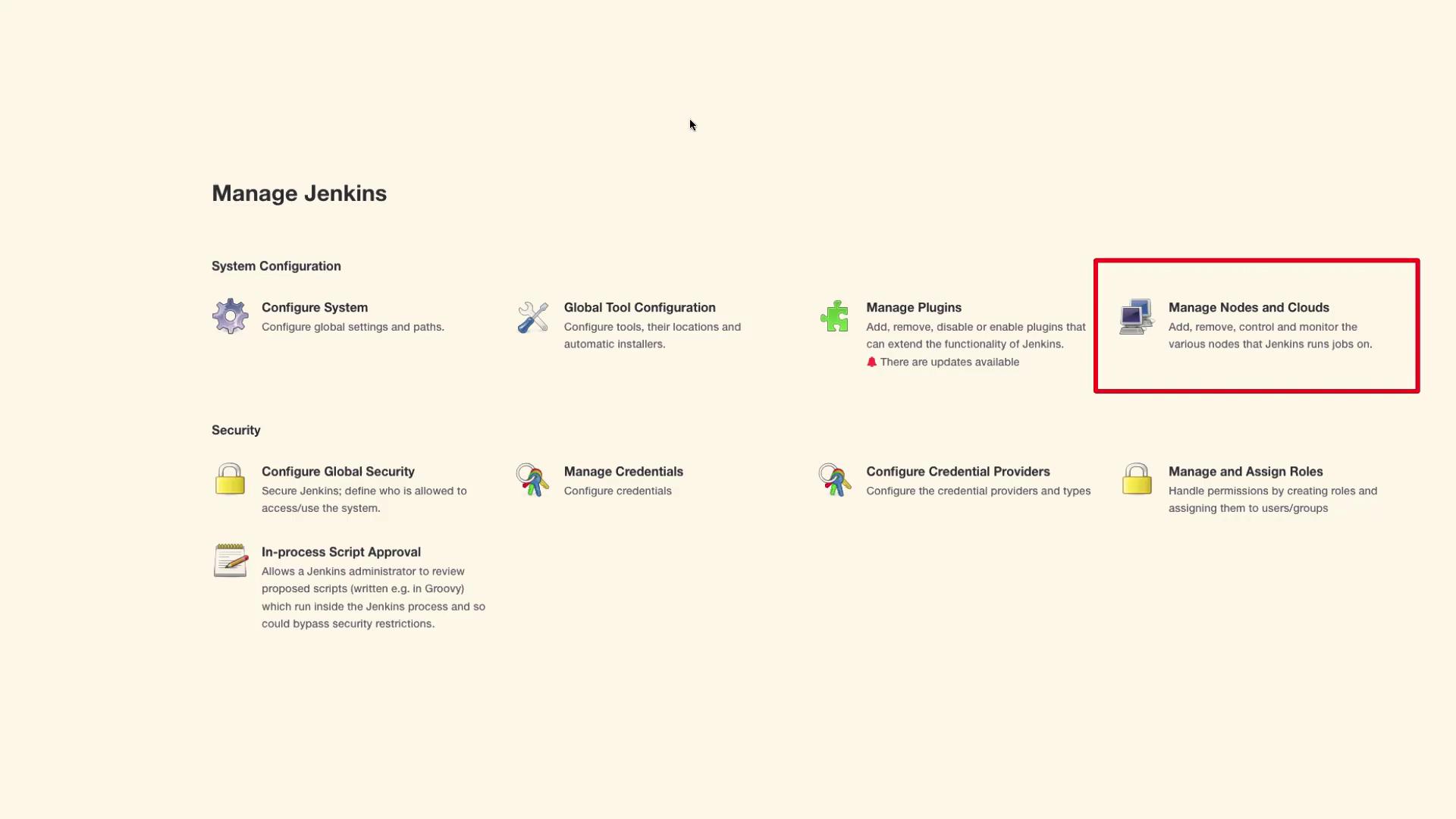 The image shows the "Manage Jenkins" dashboard with various configuration and security options, such as configuring the system, managing plugins, and handling credentials. Each option is accompanied by an icon and a brief description.