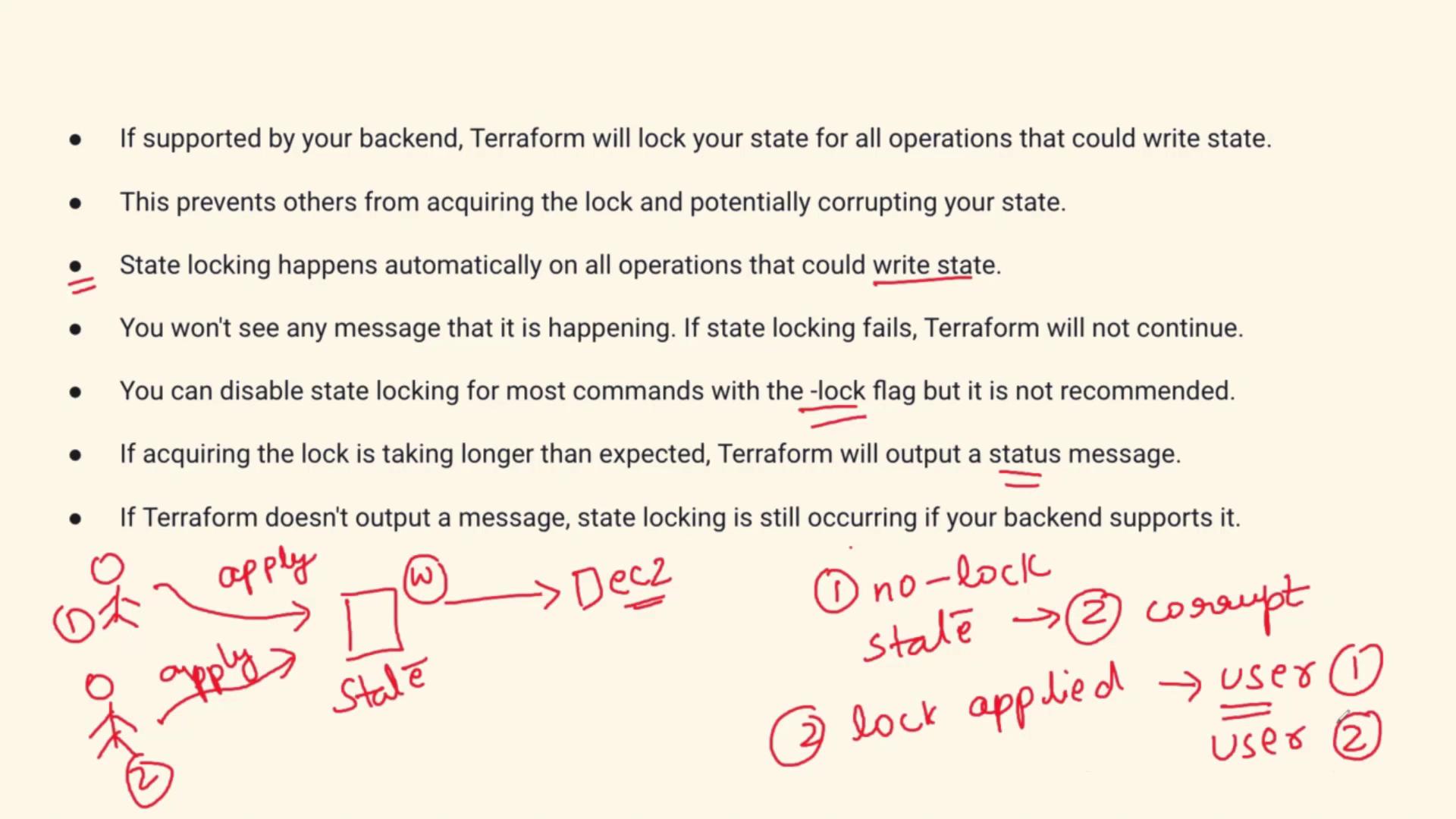 The image contains text explaining Terraform's state locking mechanism, including its purpose, automatic operation, and the use of the `-lock` flag. It also includes a diagram illustrating the process of applying changes and the potential for state corruption without locking.