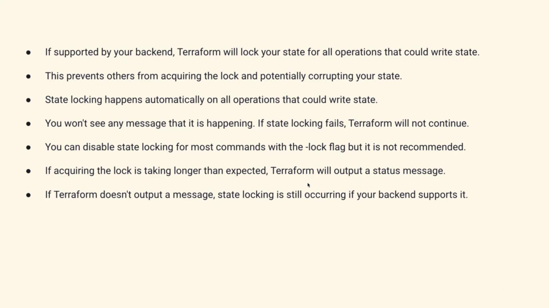 The image contains a list of bullet points explaining Terraform's state locking feature, including its automatic operation, prevention of state corruption, and recommendations regarding disabling it.