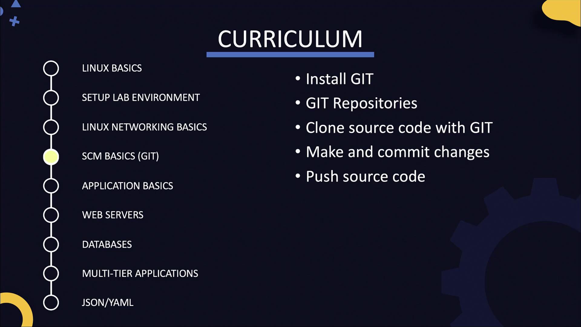 The image outlines a curriculum covering Linux basics, GIT, application basics, web servers, databases, multi-tier applications, and JSON/YAML, with specific GIT tasks listed.