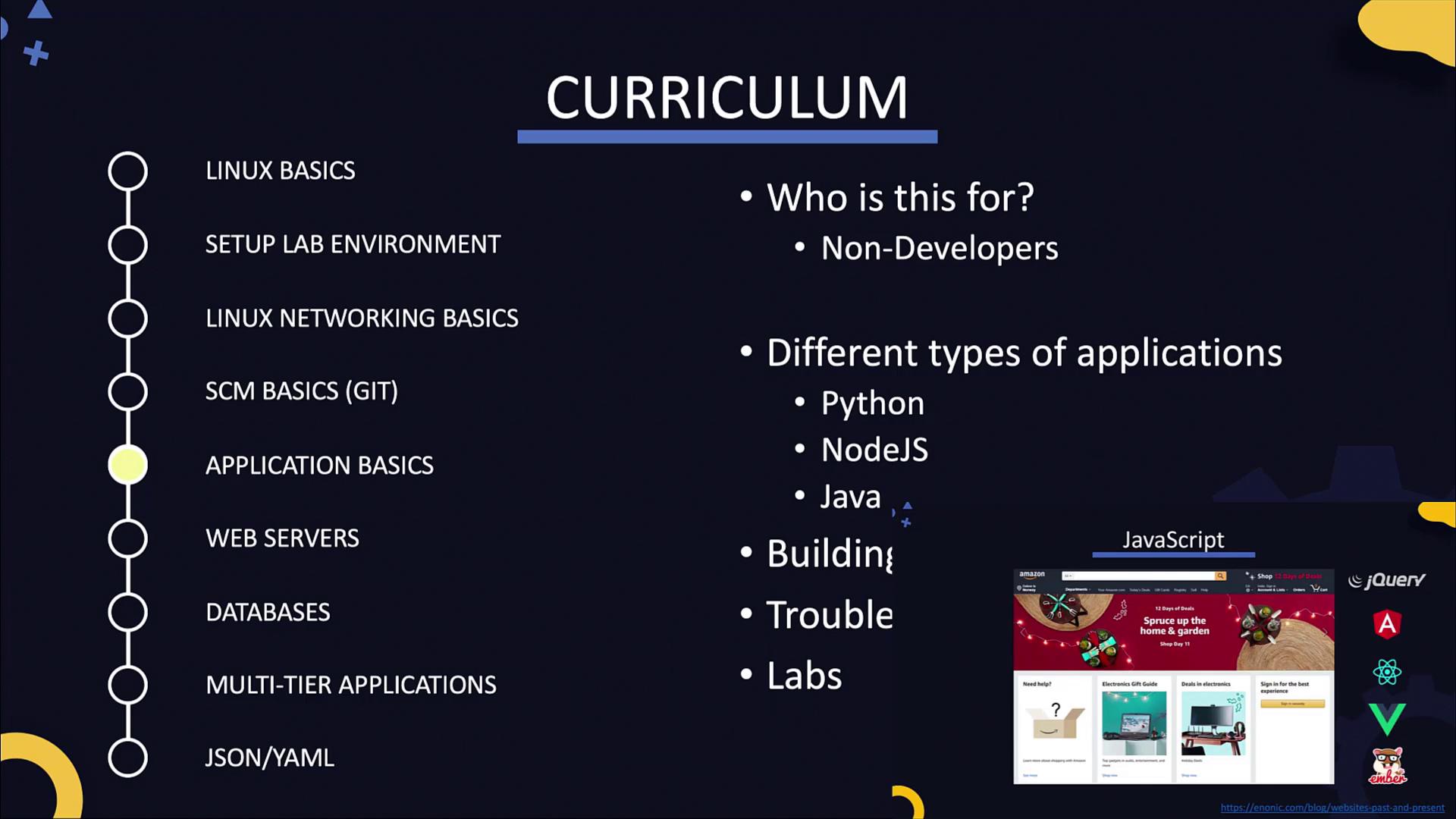 The image outlines a curriculum for non-developers, covering Linux basics, networking, Git, applications, web servers, databases, and more, with a focus on Python, NodeJS, and Java.