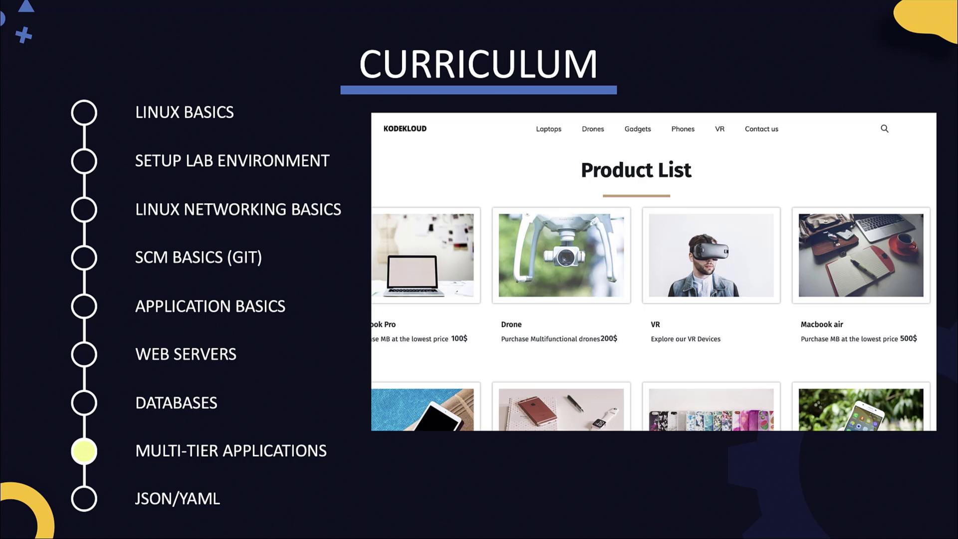 The image shows a curriculum outline with topics like Linux Basics and Web Servers, alongside a product list featuring items like laptops and VR devices.