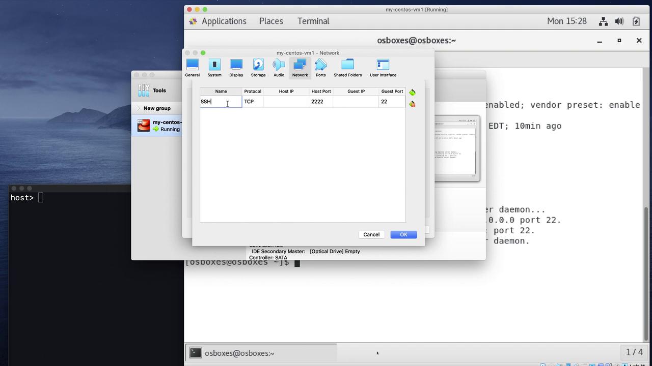 The image shows a virtual machine network settings window, configuring SSH with TCP protocol, host port 2222, and guest port 22, on a CentOS VM.