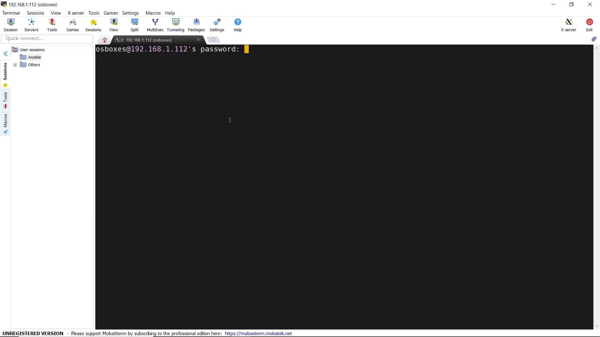 The image shows a MobaXterm terminal window prompting for a password to access a remote server at IP address 192.168.1.112.