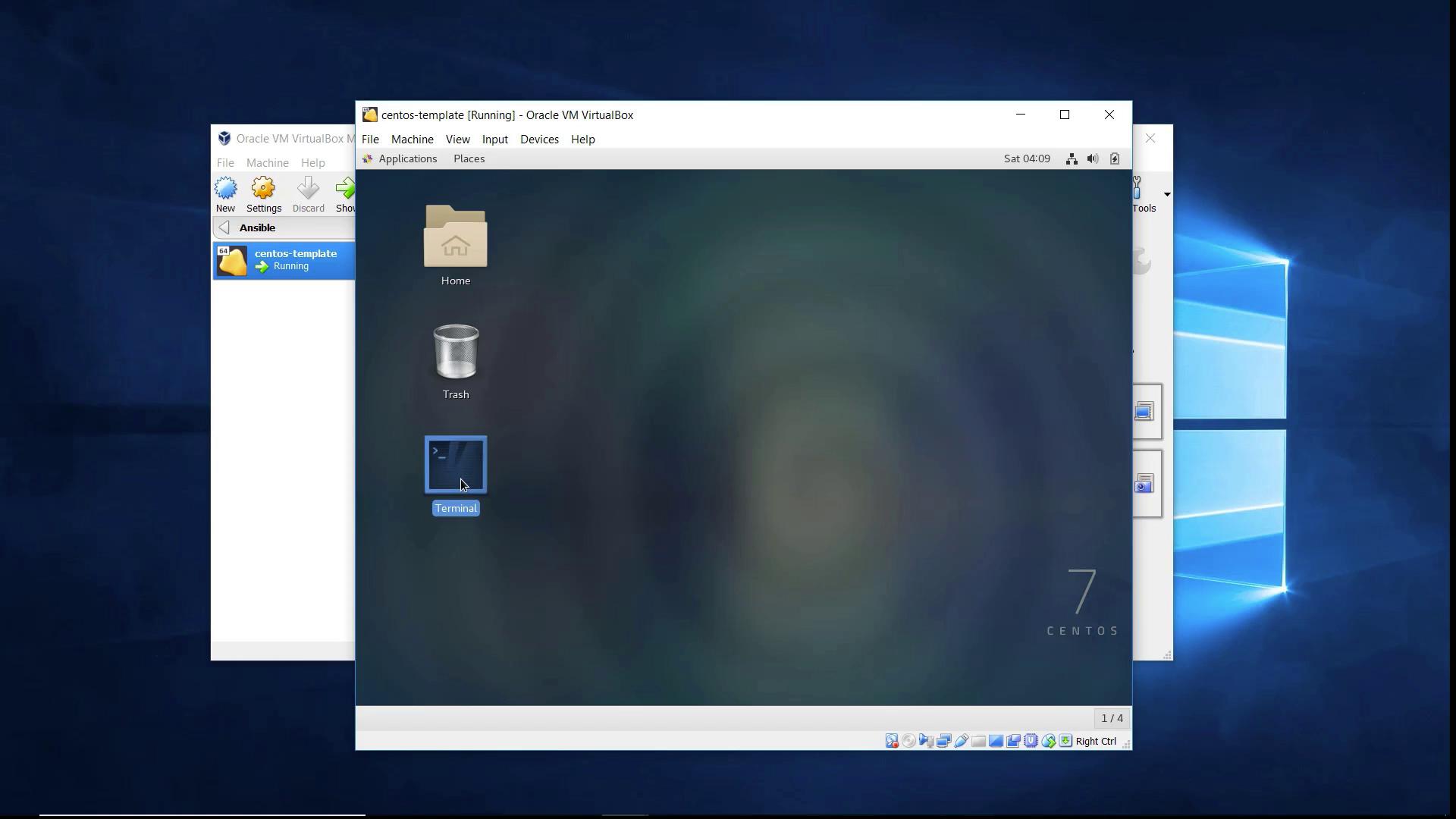The image shows a CentOS 7 virtual machine running in Oracle VM VirtualBox on a Windows desktop, displaying icons for Home, Trash, and Terminal.