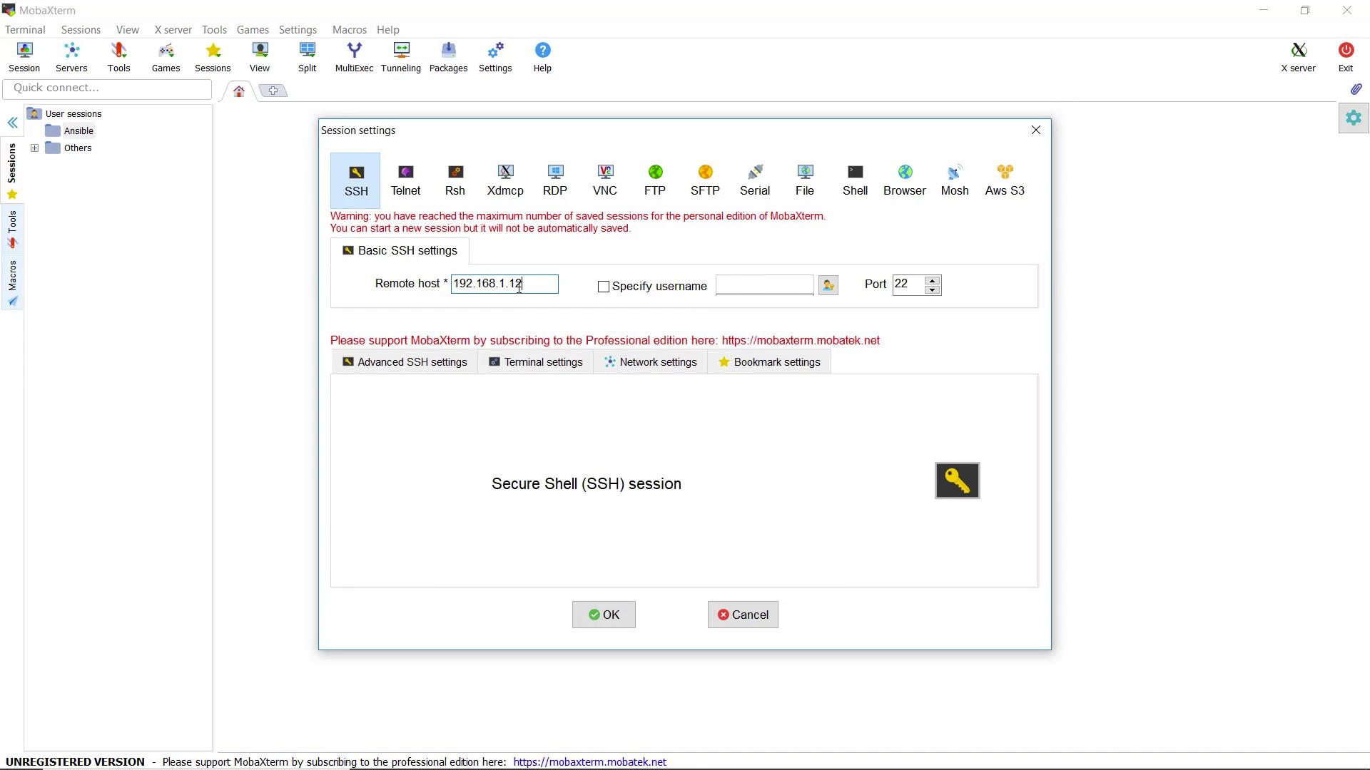 The image shows the MobaXterm application interface, specifically the session settings window for establishing a Secure Shell (SSH) connection to a remote host.
