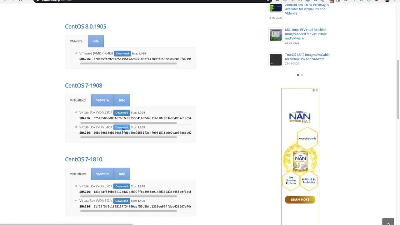 The image shows download options for CentOS virtual machine images for VMware and VirtualBox, with details like version, size, and SHA256 checksums.