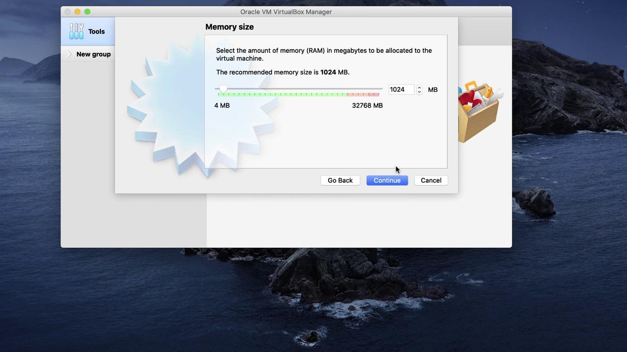 The image shows Oracle VM VirtualBox Manager's memory allocation screen, suggesting 1024 MB RAM for a virtual machine, with options to adjust and continue.