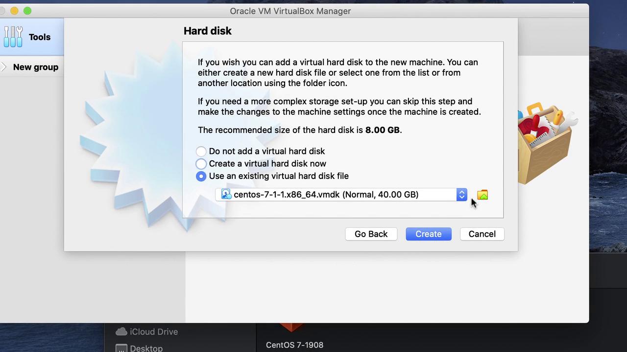 The image shows the Oracle VM VirtualBox Manager interface, specifically the "Hard disk" setup window, with options to add or use a virtual hard disk.