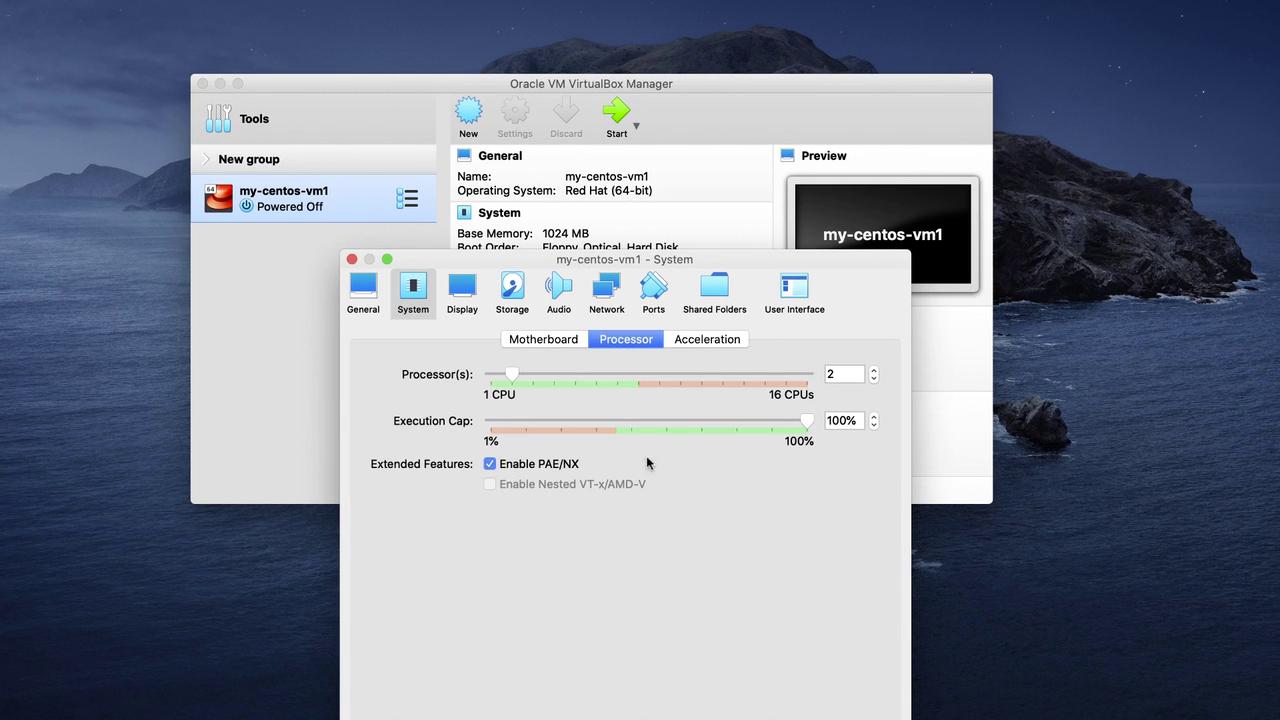 The image shows the Oracle VM VirtualBox Manager interface, displaying settings for a CentOS virtual machine, including processor and execution cap configurations.