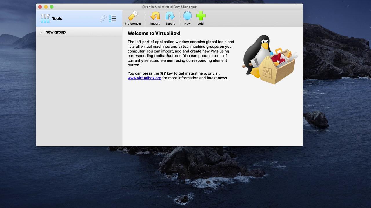 The image shows the Oracle VM VirtualBox Manager interface on a Mac, displaying a welcome message and toolbar options for managing virtual machines.