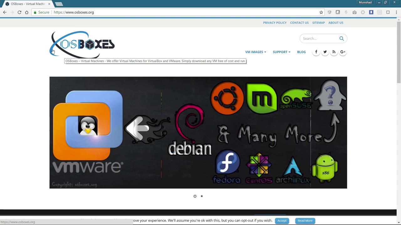 The image shows a webpage from OSBoxes.org, featuring logos of various Linux distributions and VMware, promoting virtual machine downloads.