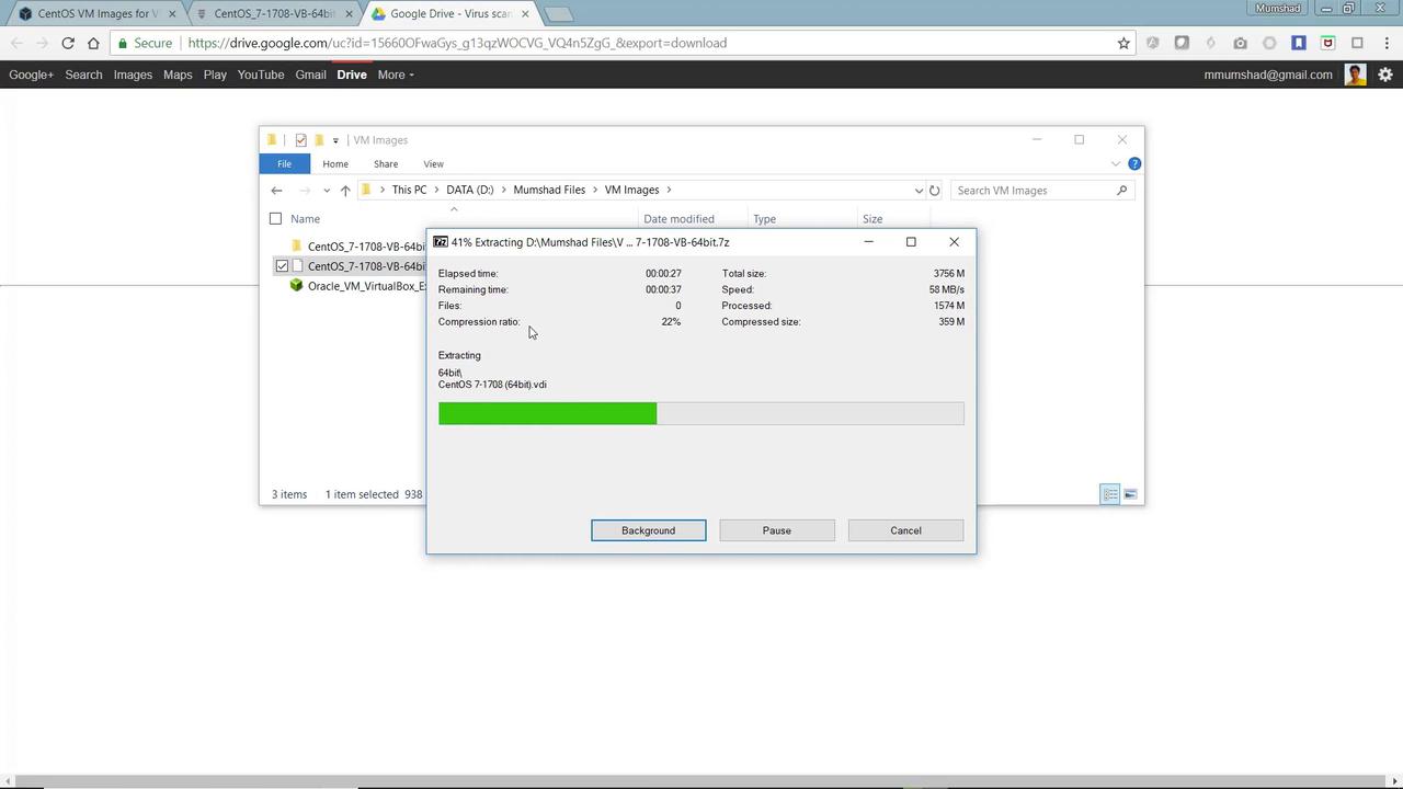 The image shows a file extraction process at 41% completion, extracting a CentOS virtual machine image using a file manager on Windows.