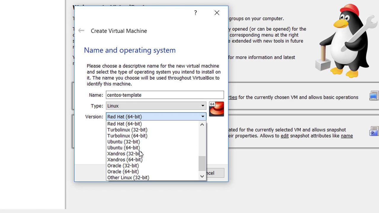 The image shows a VirtualBox window for creating a virtual machine, with options to select the operating system type and version, including Red Hat and Ubuntu.