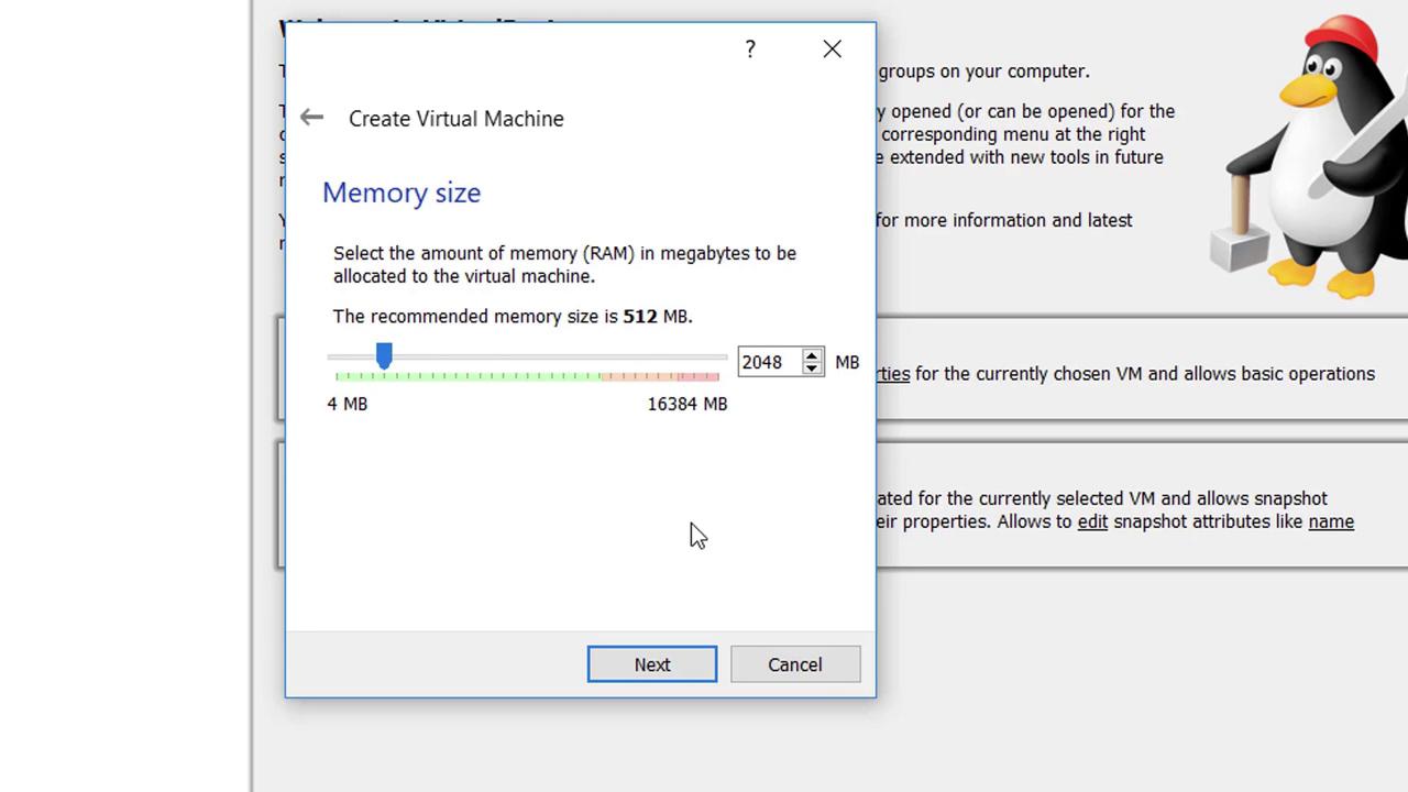 The image shows a virtual machine setup window, allowing the user to allocate memory (RAM) in megabytes, with a recommended size of 512 MB and a current setting of 2048 MB.