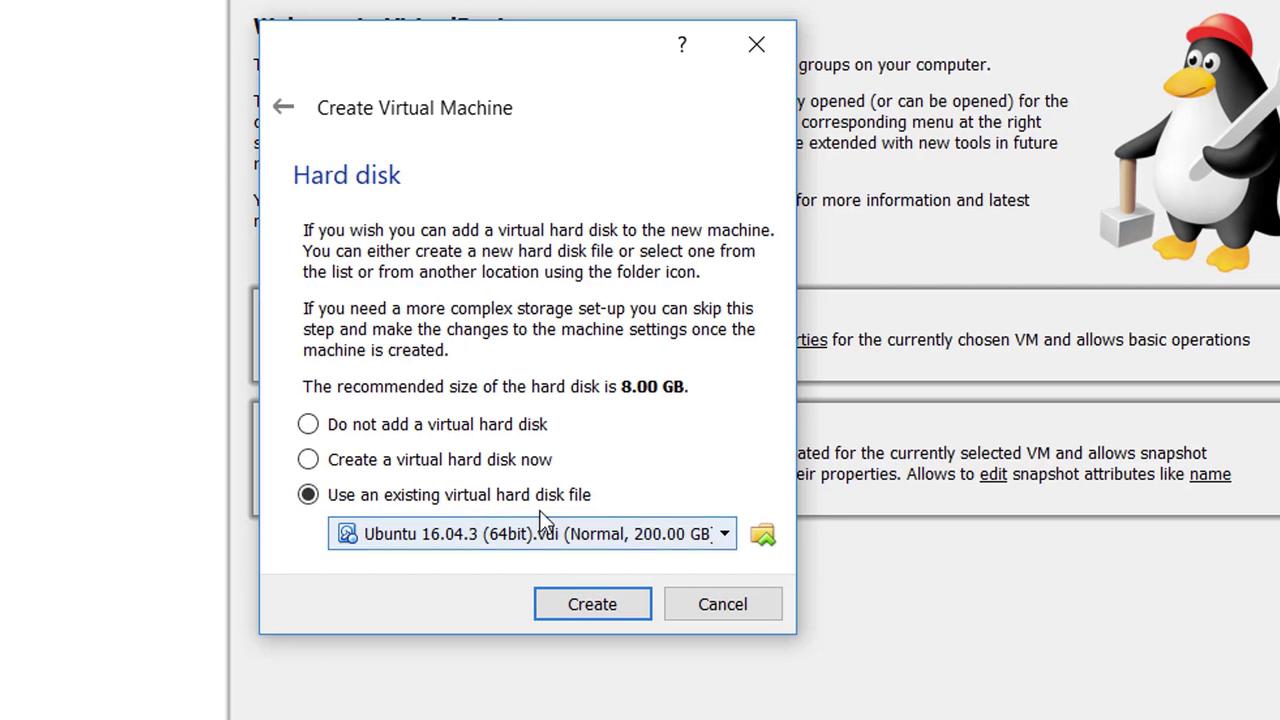The image shows a virtual machine setup window, allowing selection of a virtual hard disk, with Ubuntu 16.04.3 (64-bit) chosen, and a recommended size of 8.00 GB.