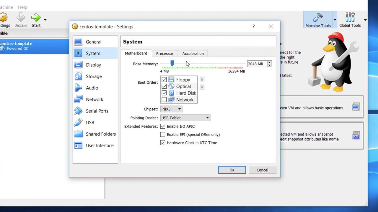 The image shows the settings window of a virtual machine in VirtualBox, displaying system configuration options like base memory, boot order, and chipset.