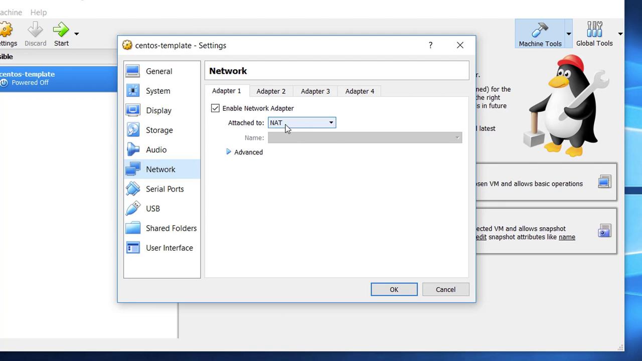 The image shows a VirtualBox settings window for a CentOS template, focusing on network settings with NAT selected for the network adapter.
