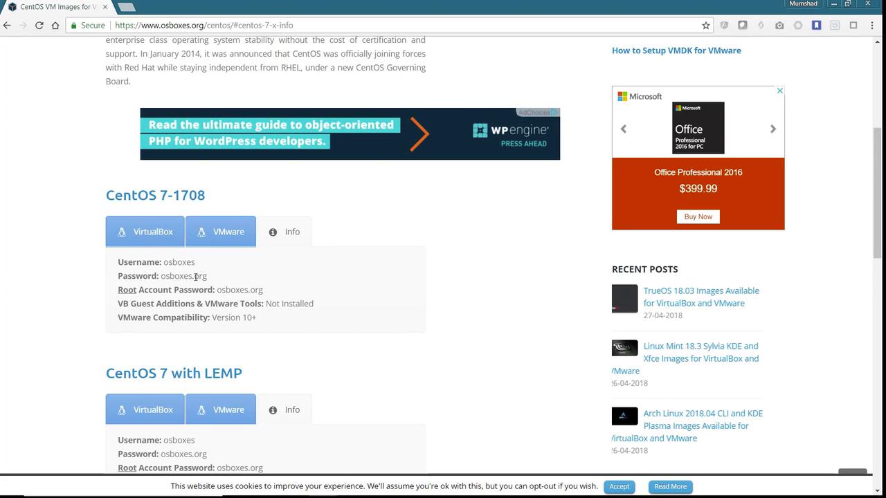 The image shows a webpage with CentOS VM download options, user credentials, and compatibility details, alongside advertisements and recent blog post links.