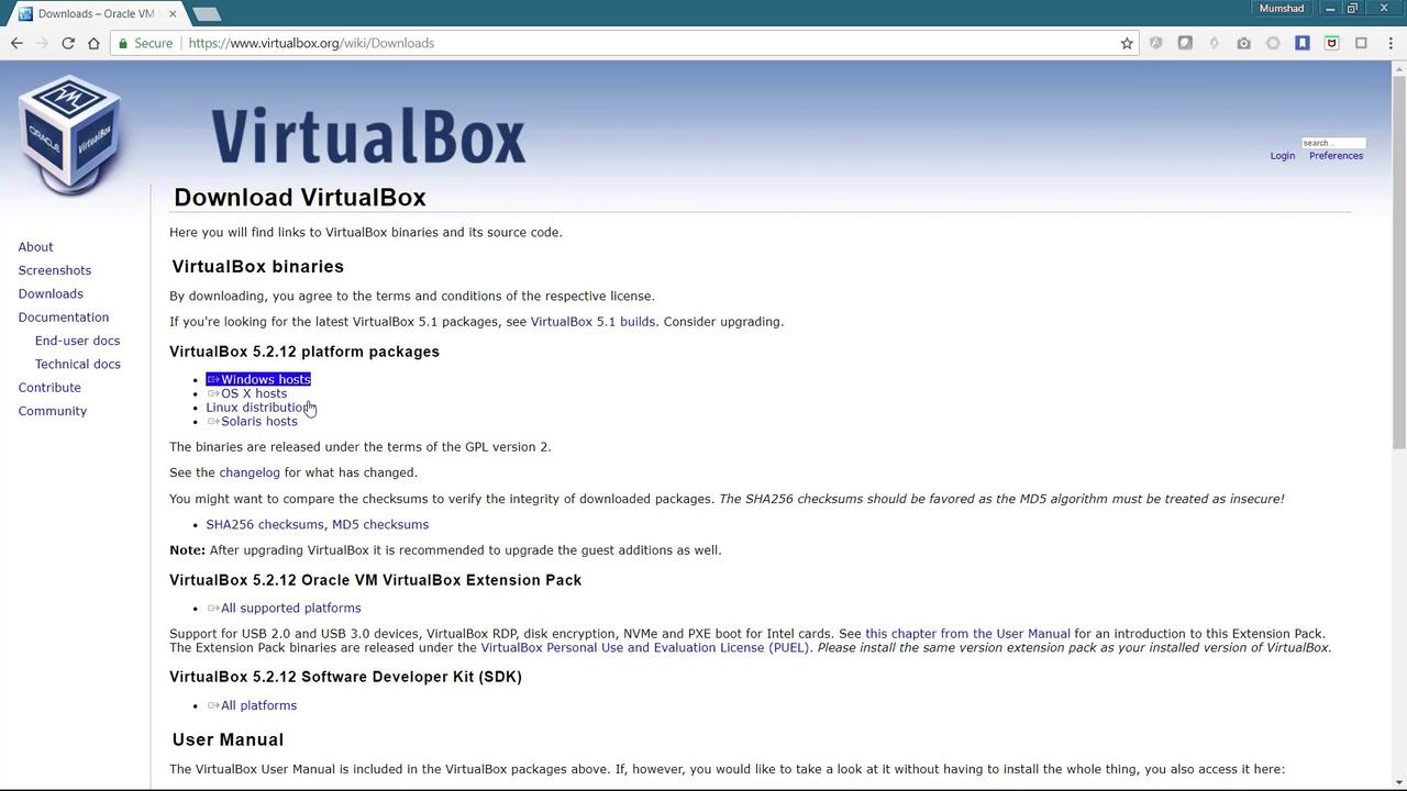 The image shows a webpage for downloading VirtualBox, offering platform packages for Windows, OS X, Linux, and Solaris, along with checksums and extension packs.