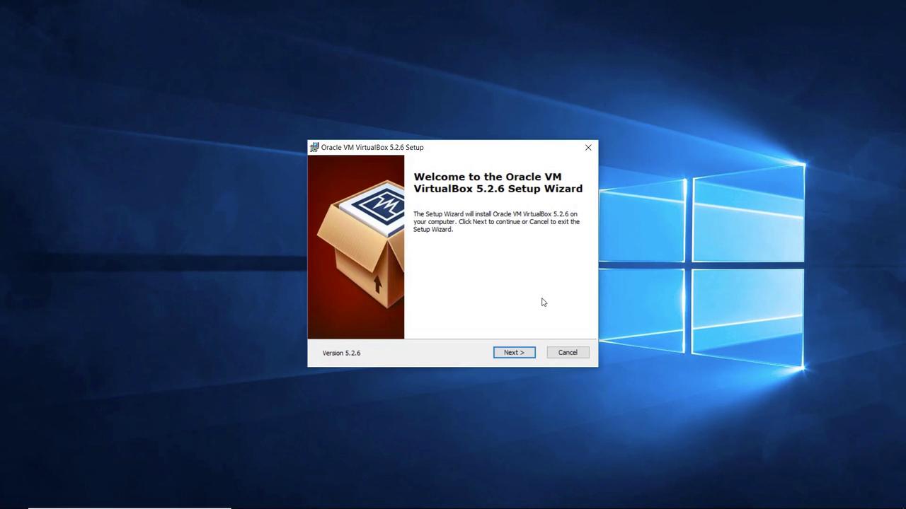 The image shows the Oracle VM VirtualBox 5.2.6 Setup Wizard on a Windows desktop, prompting the user to continue installation.