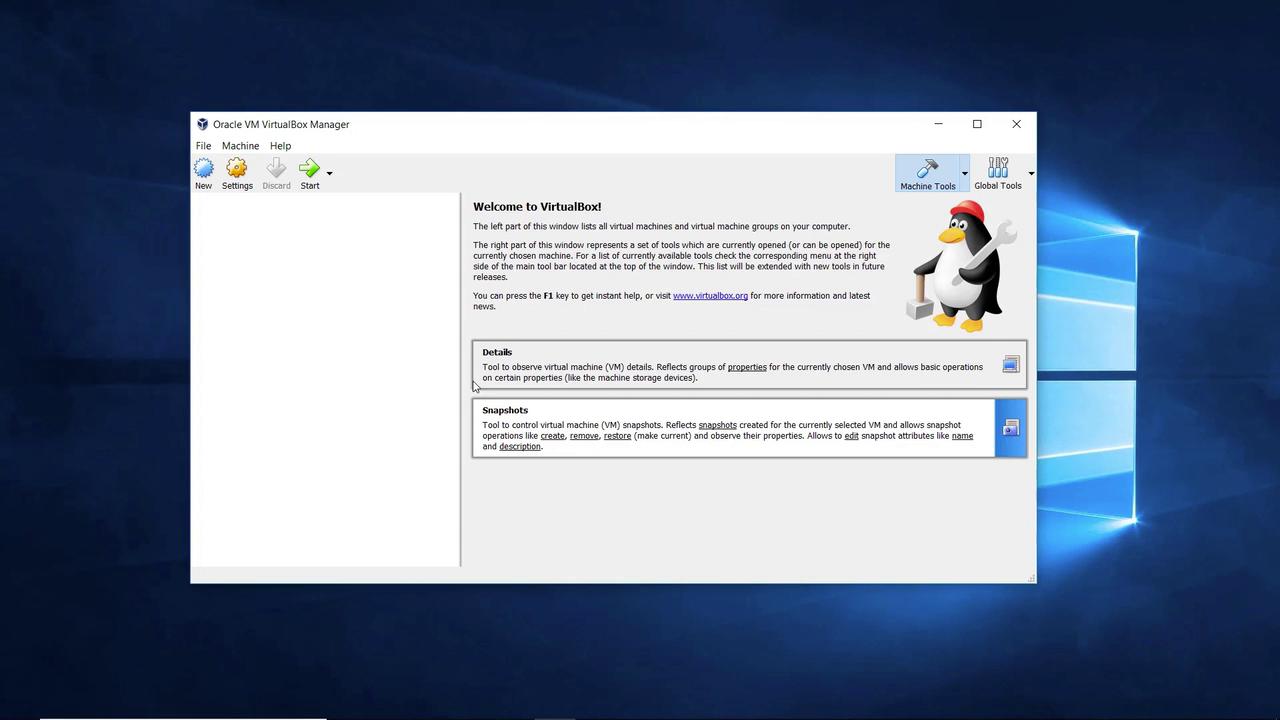The image shows the Oracle VM VirtualBox Manager interface on a Windows desktop, displaying a welcome screen with options for managing virtual machines.