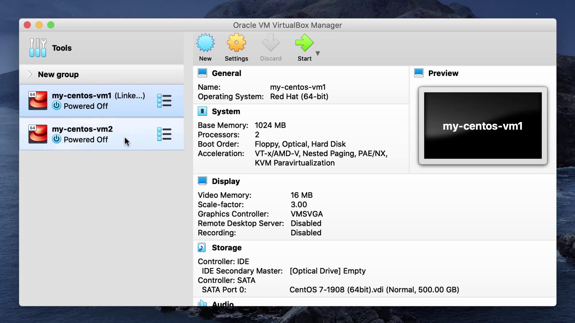 The image shows the Oracle VM VirtualBox Manager interface with two CentOS virtual machines listed, both powered off, displaying system and storage details.