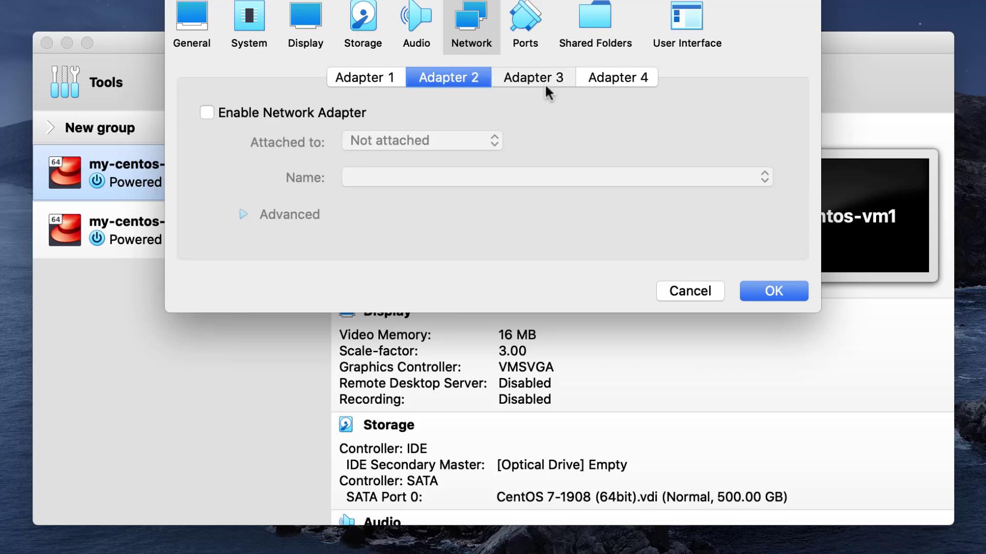 The image shows a virtual machine network settings window with options for enabling network adapters, displaying tabs for Adapter 1 to Adapter 4.