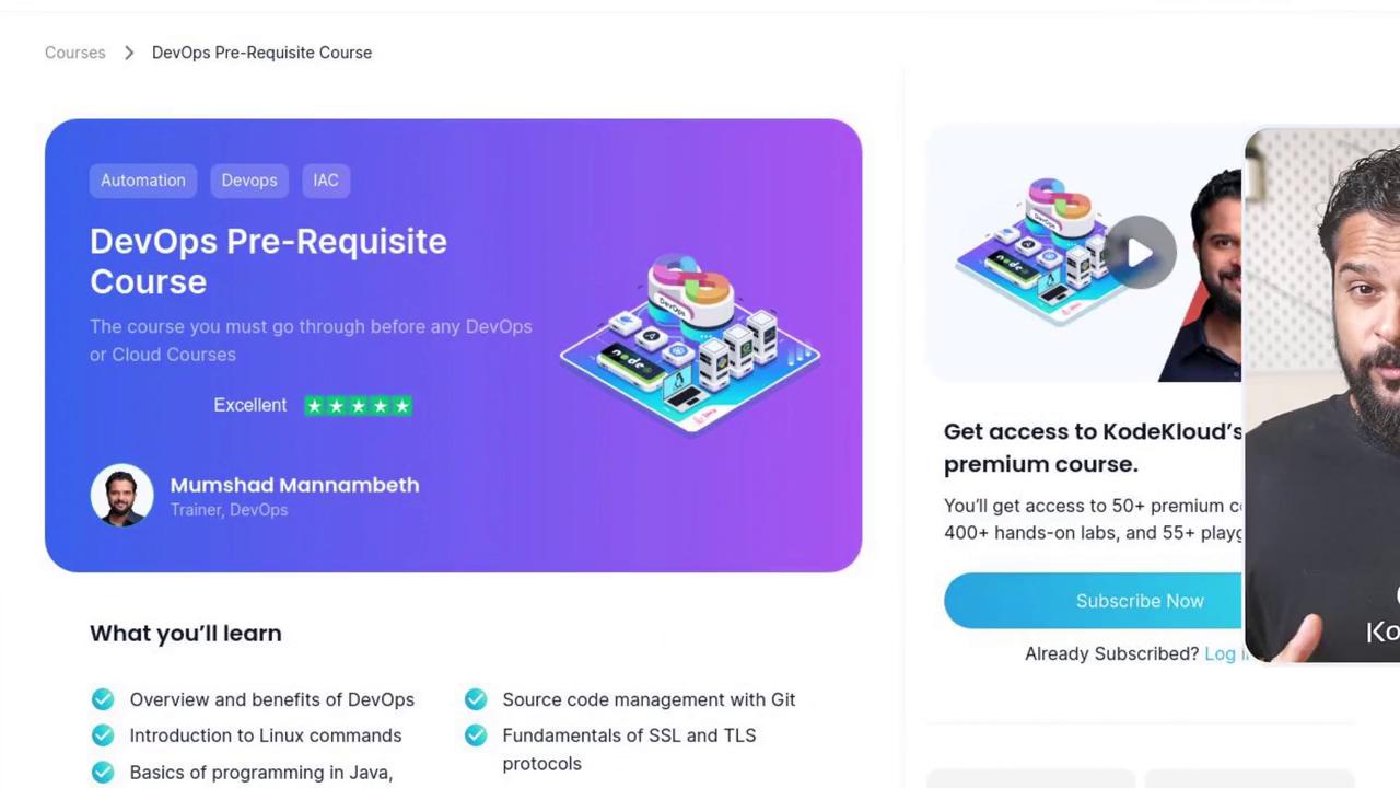 The image shows a DevOps Pre-Requisite Course advertisement, highlighting course details, trainer information, and subscription options on the KodeKloud platform.