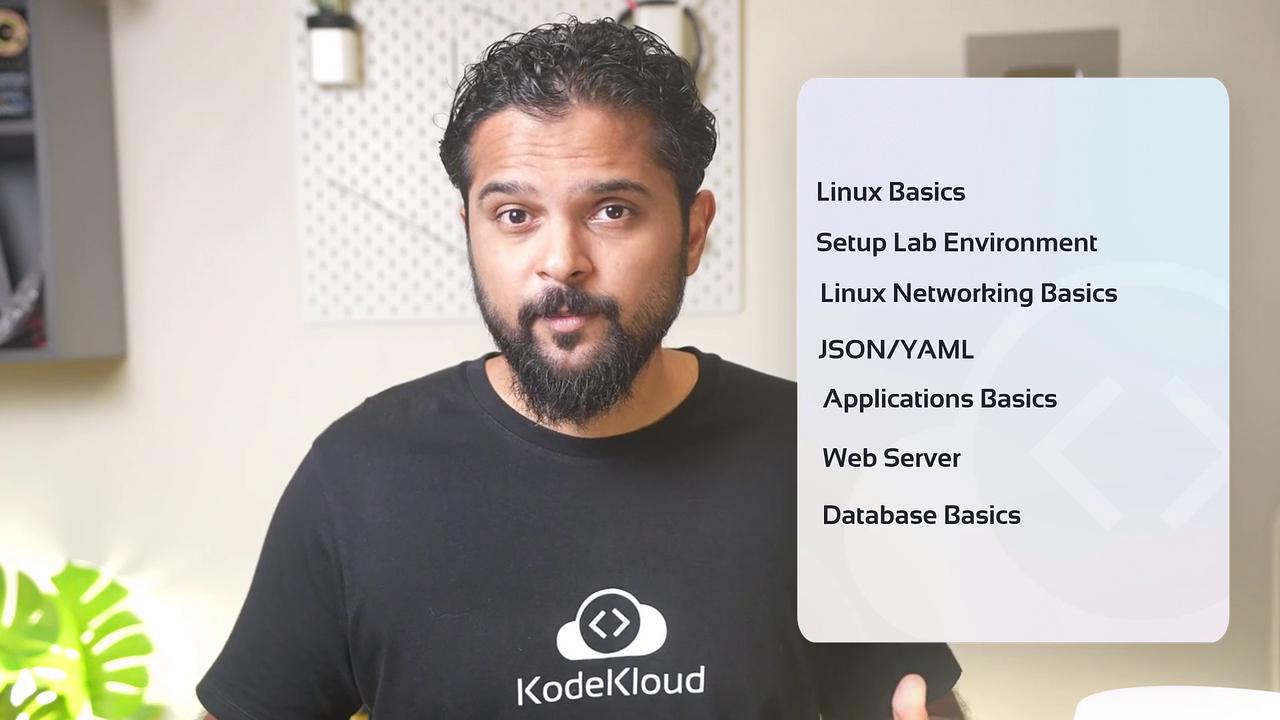 A person wearing a "KodeKloud" shirt stands beside a list of topics: Linux Basics, Setup Lab Environment, Linux Networking Basics, JSON/YAML, Applications Basics, Web Server, Database Basics.