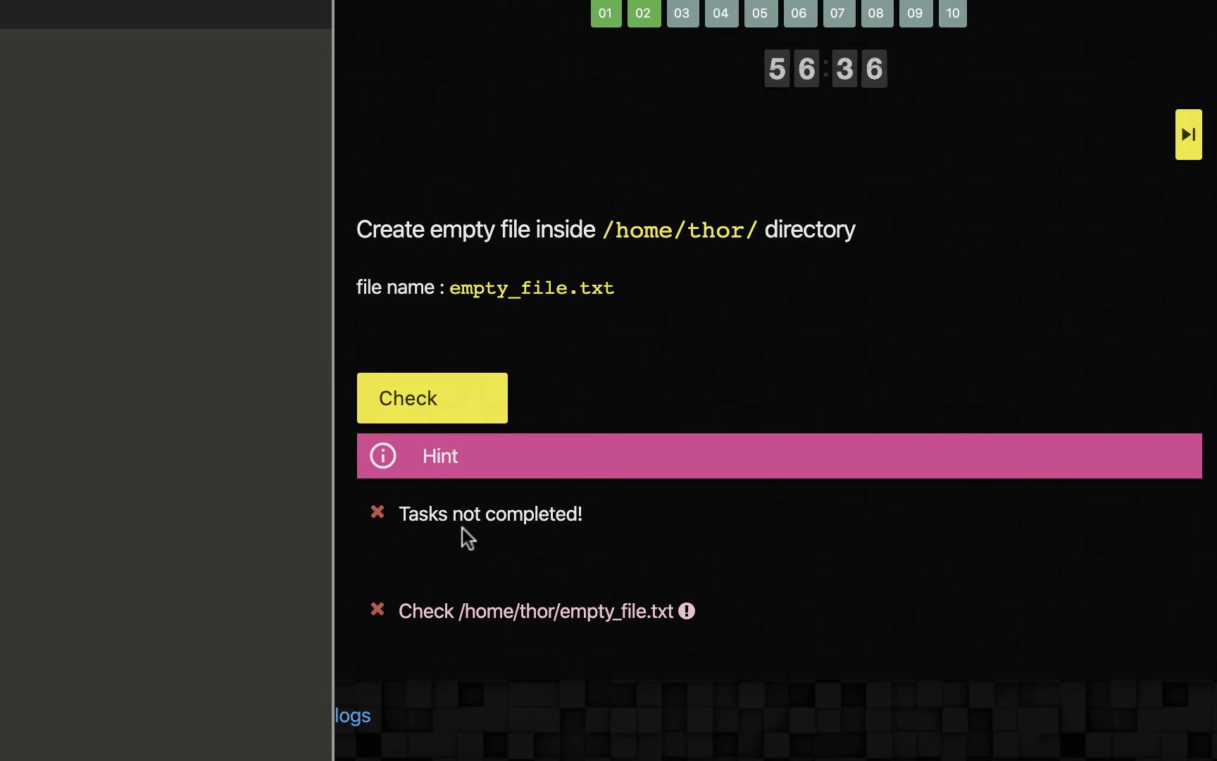 The image shows a task interface instructing to create an empty file named "empty_file.txt" in the "/home/thor/" directory, with a "Tasks not completed" error.