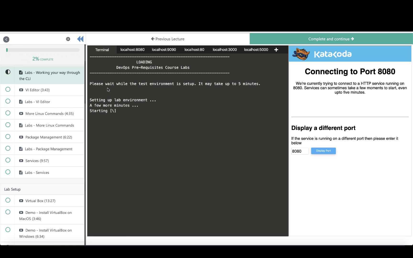 The image shows a DevOps course lab setup interface on Katacoda, with a terminal loading environment and options to connect to different ports.