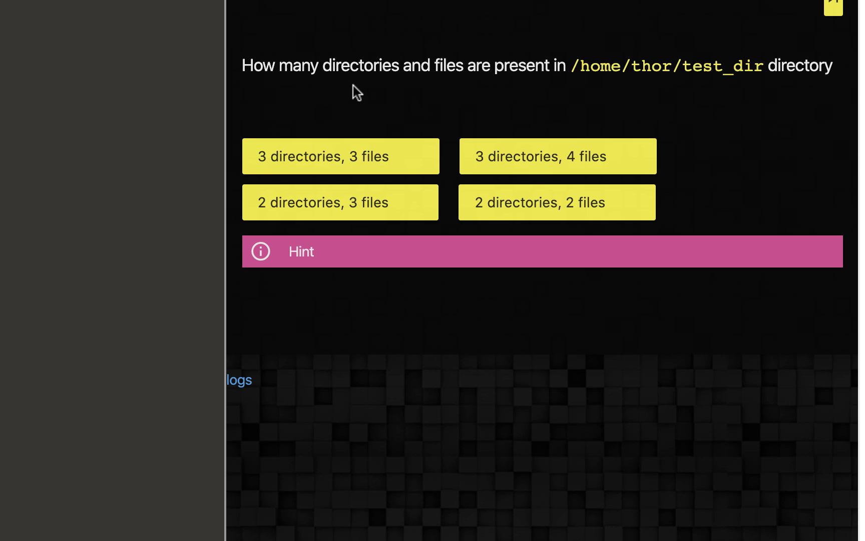 The image shows a question asking about the number of directories and files in a specified directory, with four multiple-choice answers and a hint button.