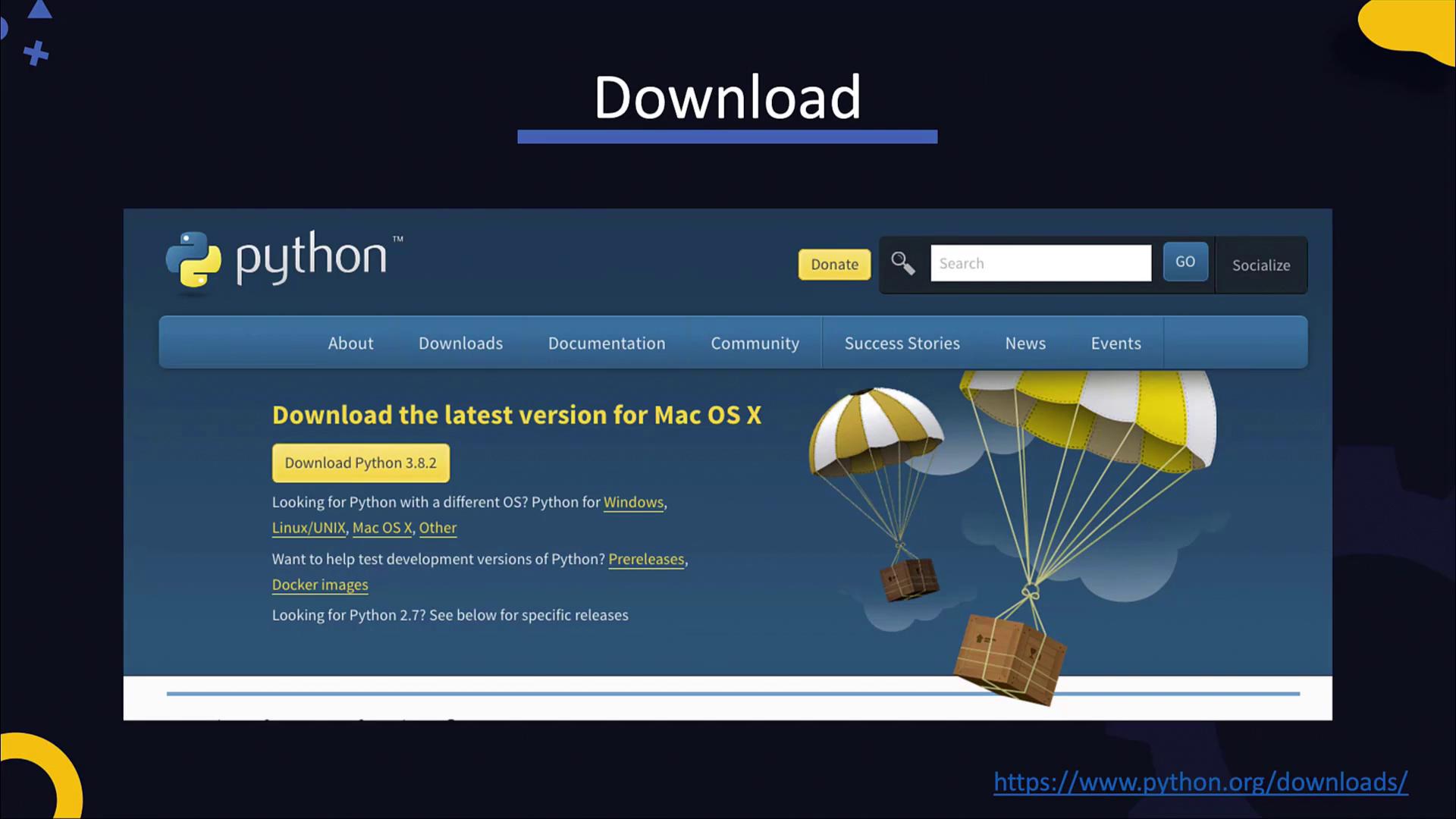 The image shows a Python download page for Mac OS X, featuring version 3.8.2, with navigation links and parachute graphics.