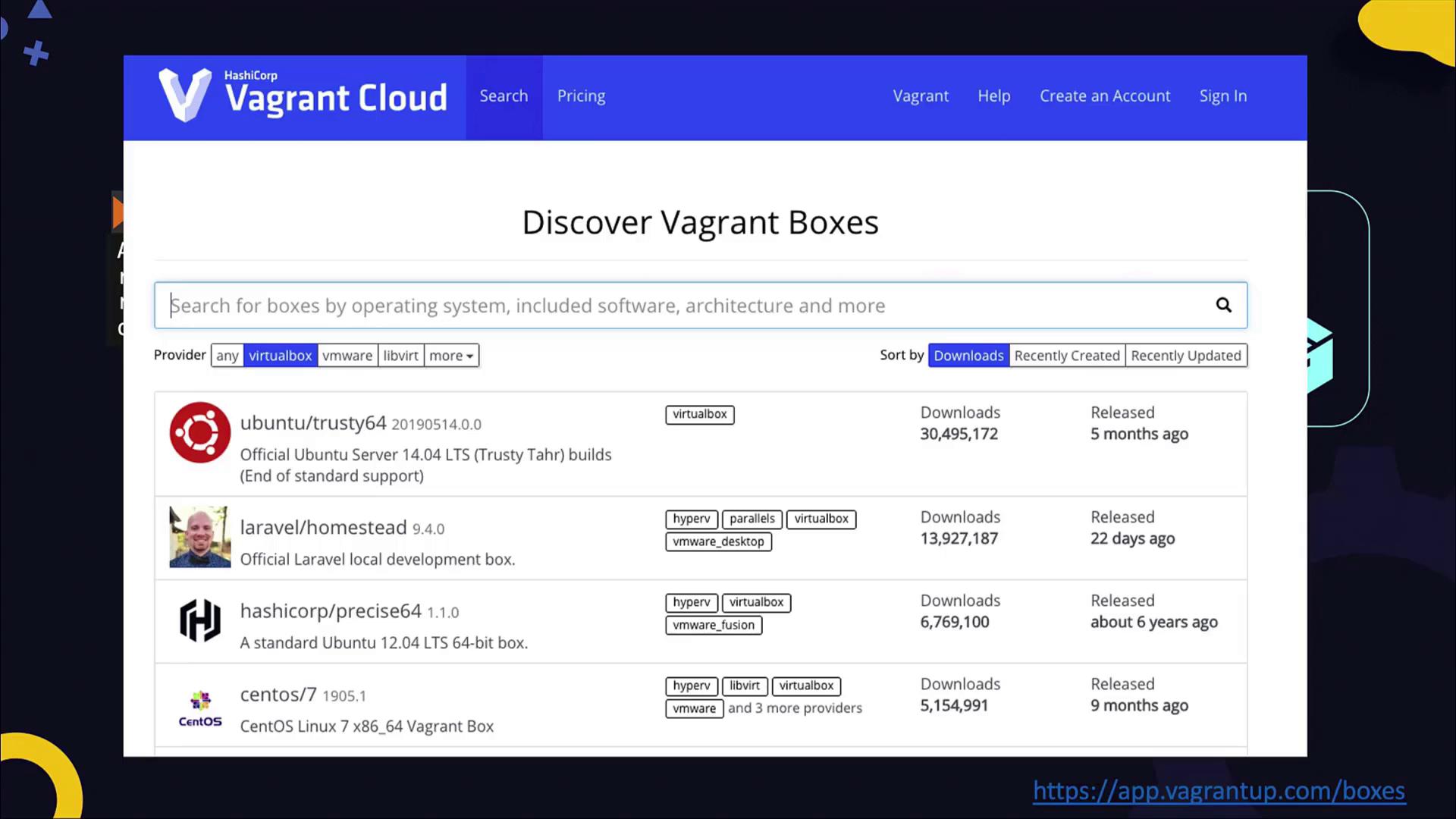 The image shows a webpage from Vagrant Cloud listing downloadable Vagrant boxes, including Ubuntu, Laravel, and CentOS, with details on providers, downloads, and release dates.
