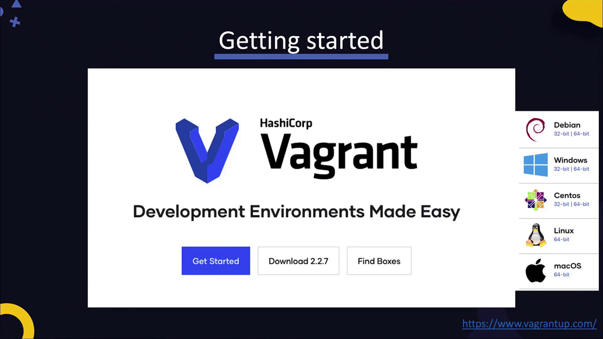 The image is a "Getting Started" page for HashiCorp Vagrant, highlighting its ease of use for development environments, with options for various operating systems.