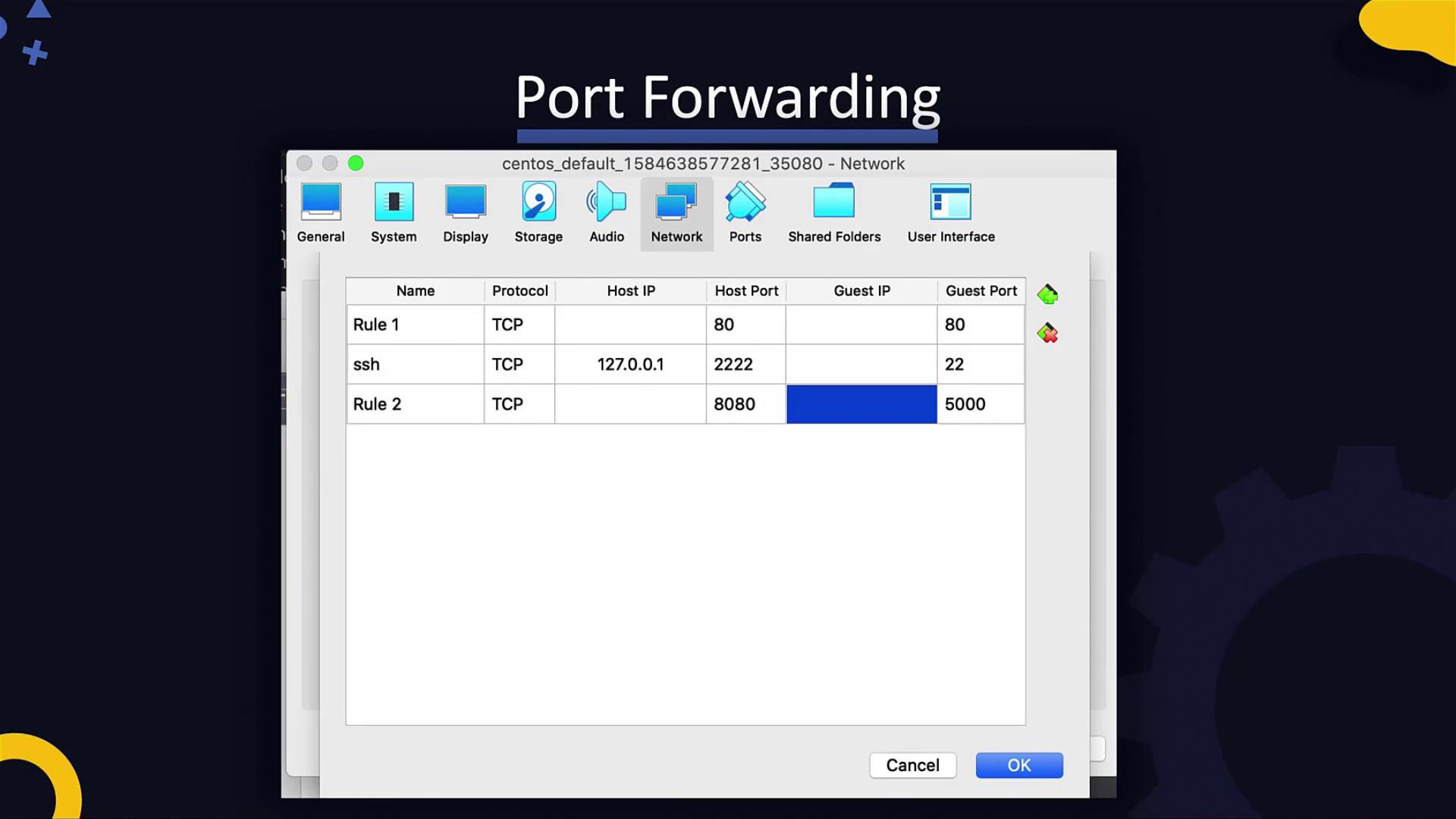 The image shows a port forwarding configuration window with rules for TCP protocols, mapping host ports to guest ports on a virtual network.