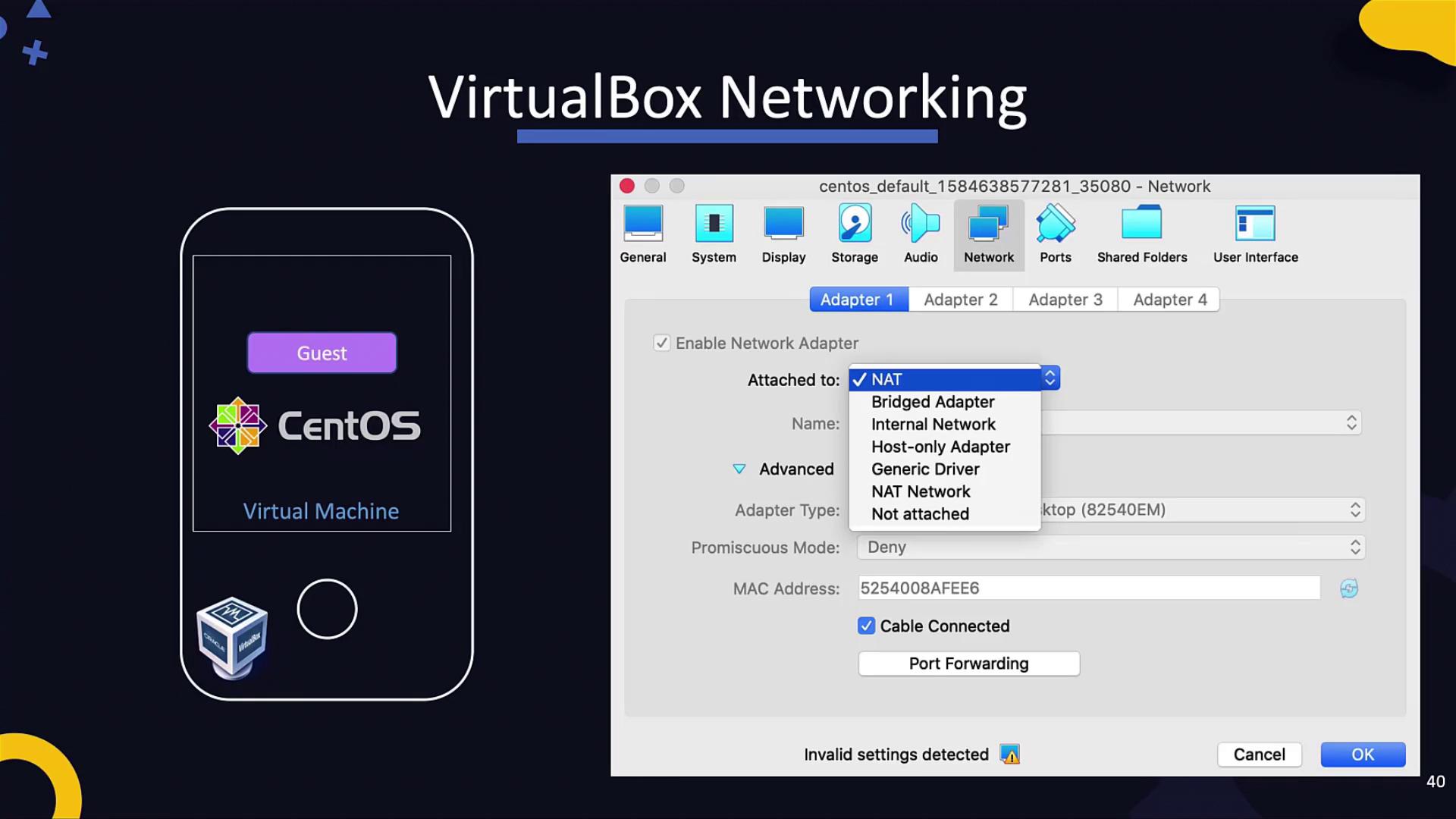 The image shows a VirtualBox networking setup for a CentOS virtual machine, highlighting network adapter options like NAT and Bridged Adapter.