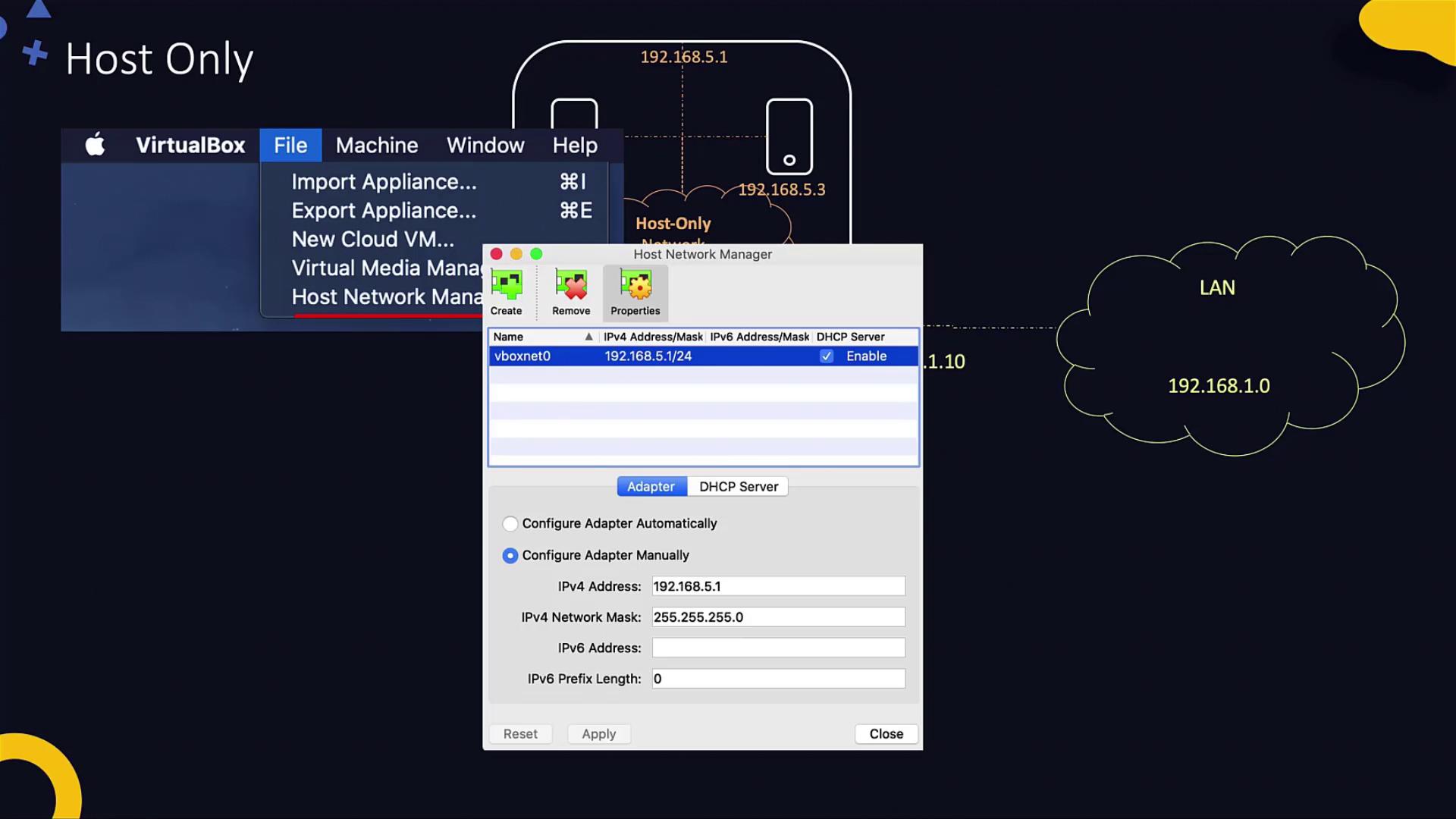 The image shows VirtualBox's Host Network Manager interface, displaying network settings for a host-only network with IP configuration details and a network diagram.