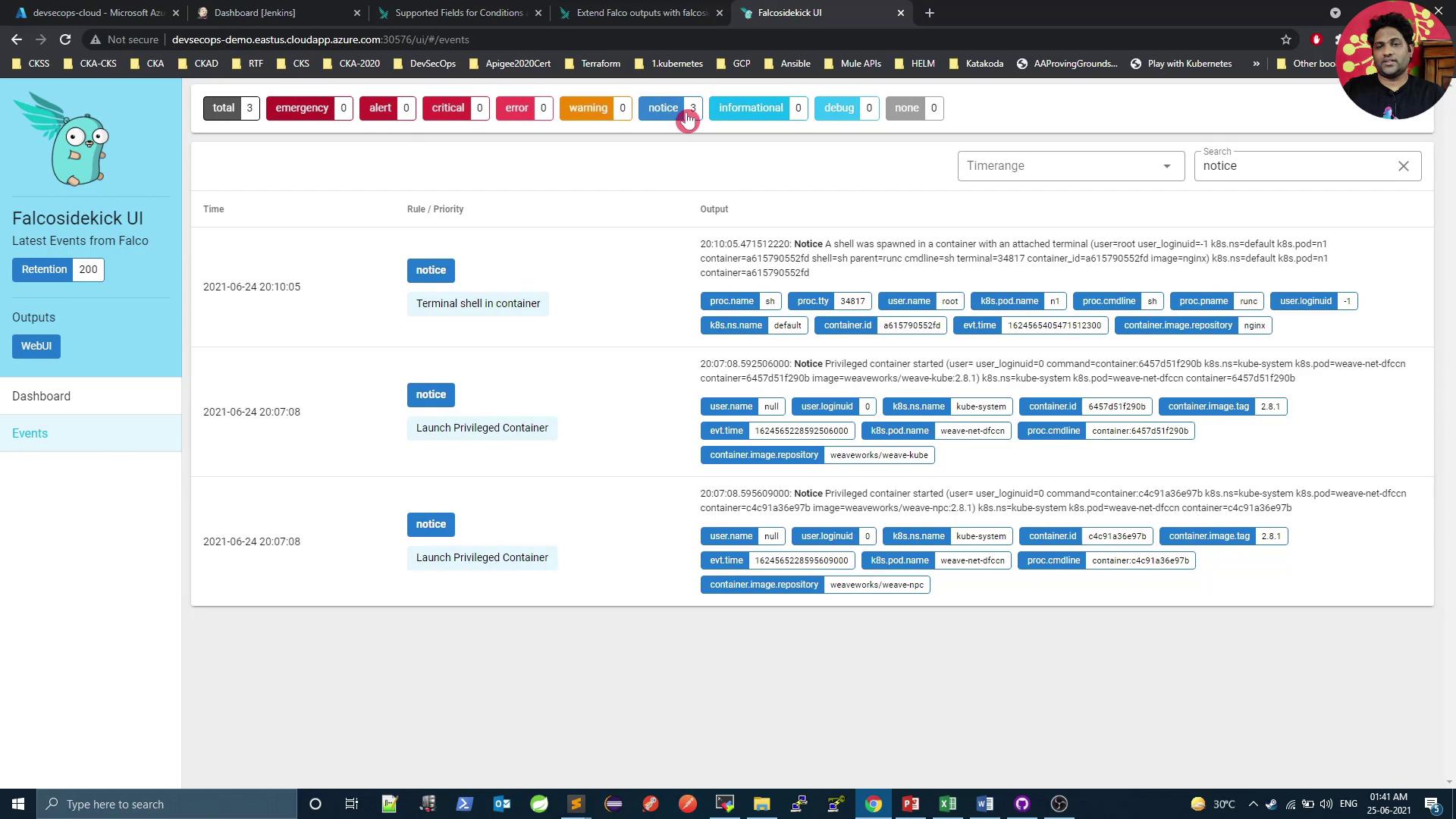The image shows a dashboard interface of the Falcosidekick UI displaying event logs with notices about container activities. It includes details like time, priority, and specific container information.