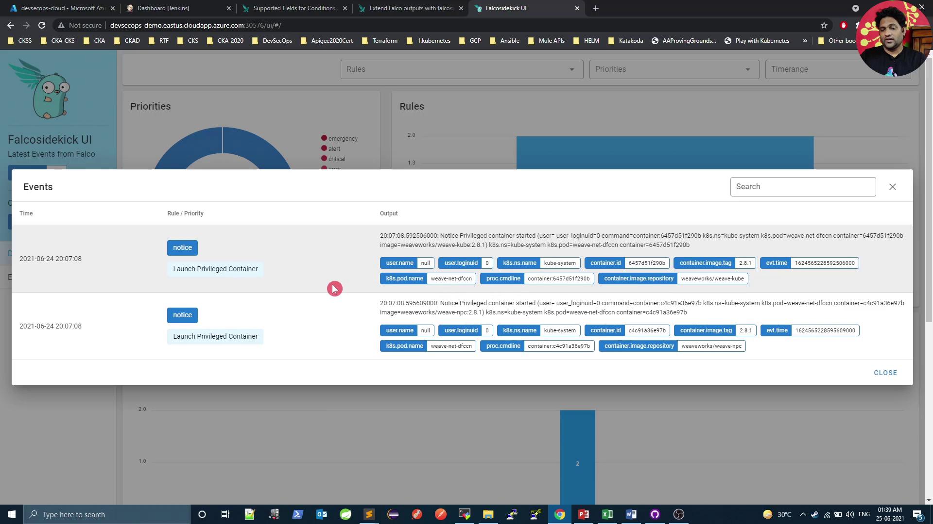 The image shows a Falcosidekick UI displaying events related to the launch of privileged containers, with detailed information about each event. The interface includes a search bar and various data fields such as user name, container ID, and event time.