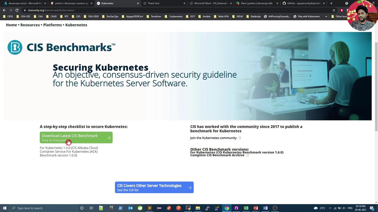 The image shows a webpage for CIS Benchmarks focused on securing Kubernetes, offering a download link for the latest security guidelines. It includes a brief description and links to additional resources and community information.