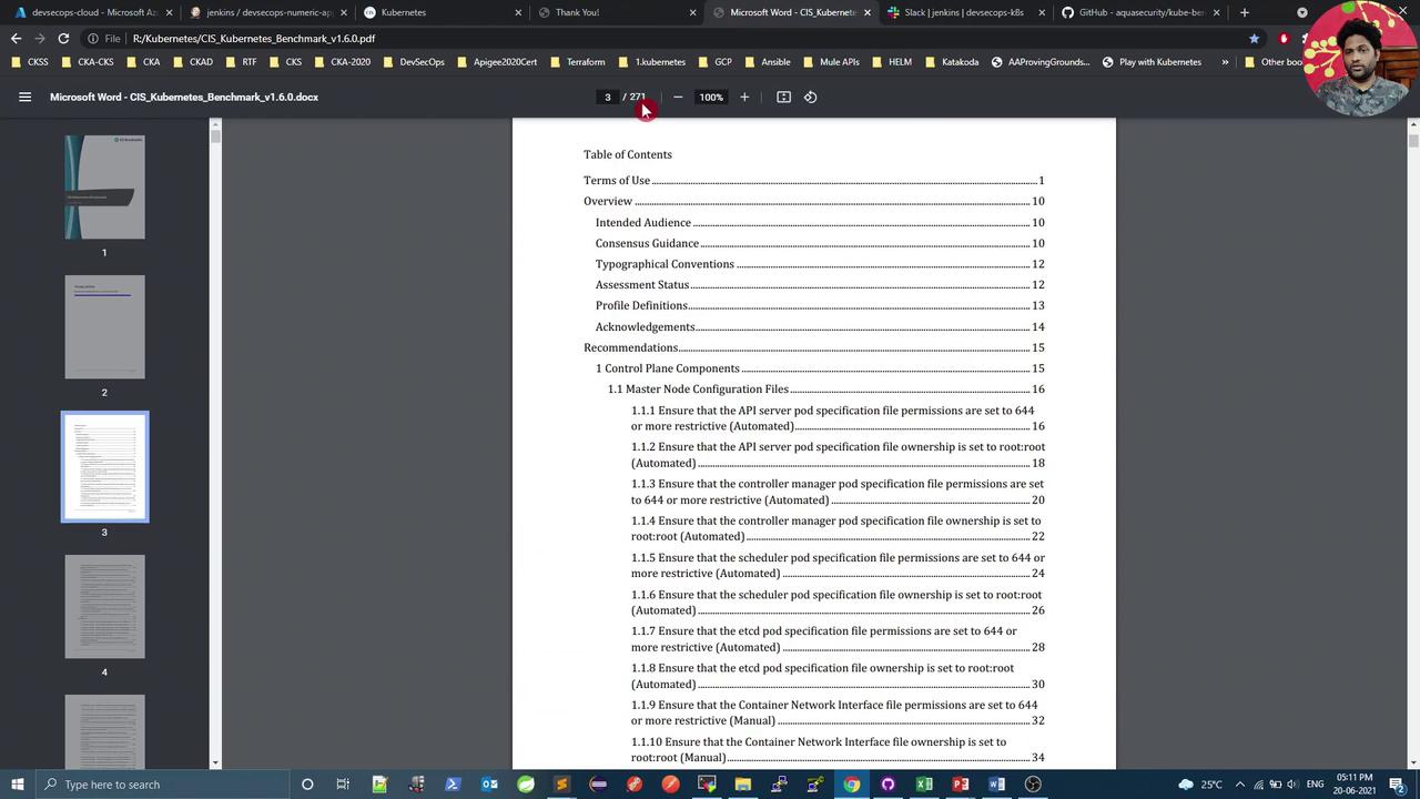 The image shows a computer screen displaying a PDF document titled "CIS Kubernetes Benchmark v1.6.0" with a table of contents visible. The document appears to be open in a PDF viewer, and the table of contents lists sections such as Terms of Use, Overview, and Recommendations.