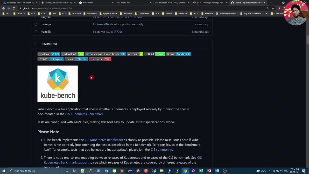 The image shows a GitHub page for the "kube-bench" project, which is a Go application for checking Kubernetes security compliance. It includes details like release version, downloads, and a brief description of the tool.
