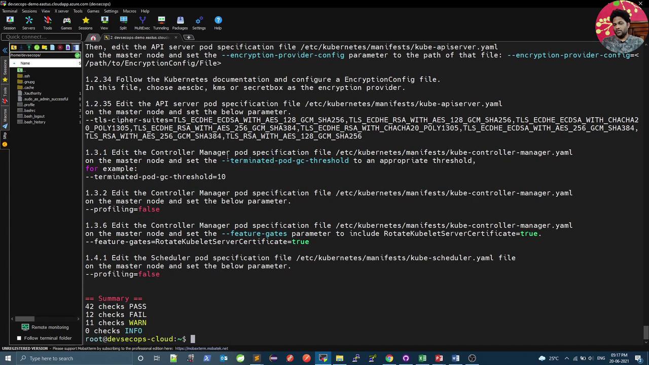 The image shows a terminal window with instructions for editing Kubernetes configuration files, including encryption and pod specifications. It also displays a summary of checks with pass, fail, and warning statuses.