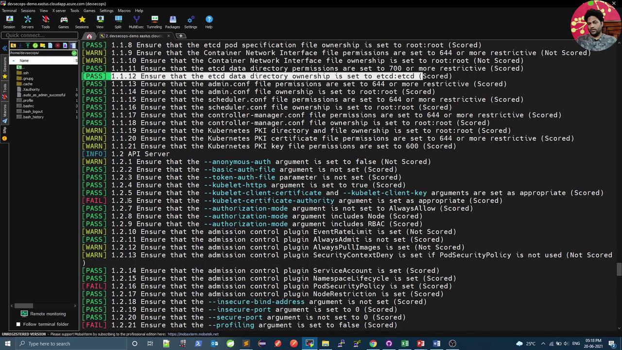 The image shows a terminal window with a list of security checks for a Kubernetes environment, indicating pass, warn, and fail statuses for each check. The interface appears to be part of a remote monitoring tool.