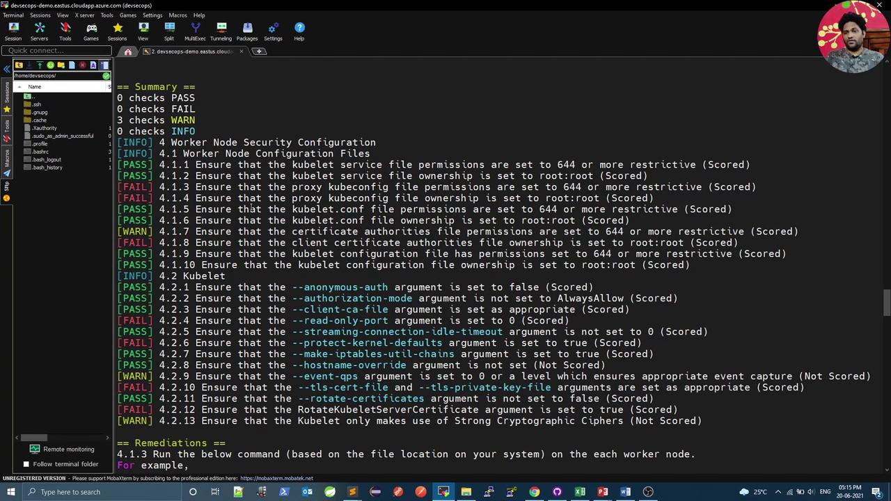The image shows a terminal window displaying a security configuration summary for a Kubernetes worker node, with various checks marked as PASS, FAIL, or WARN. The interface appears to be from a remote connection tool, with a sidebar listing files and directories.